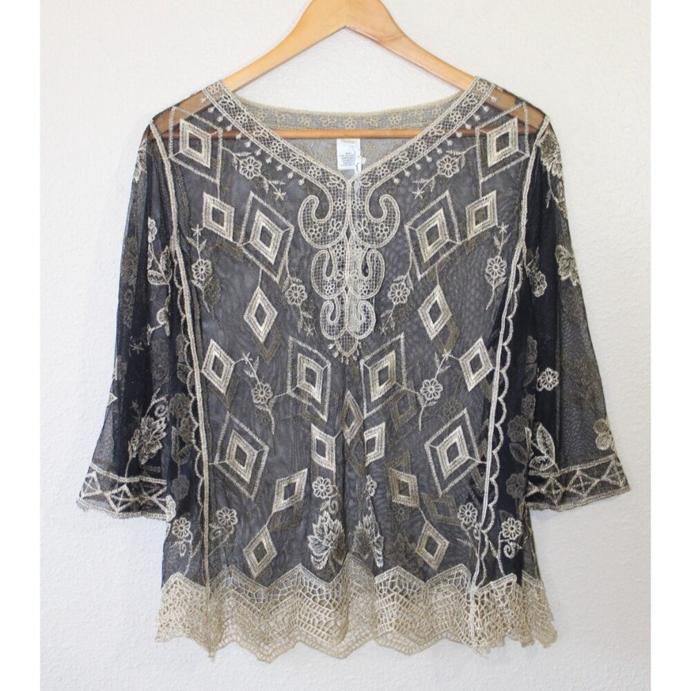Ultra Pink Womens Sheer Black Gold V Neck Blouse L NWT